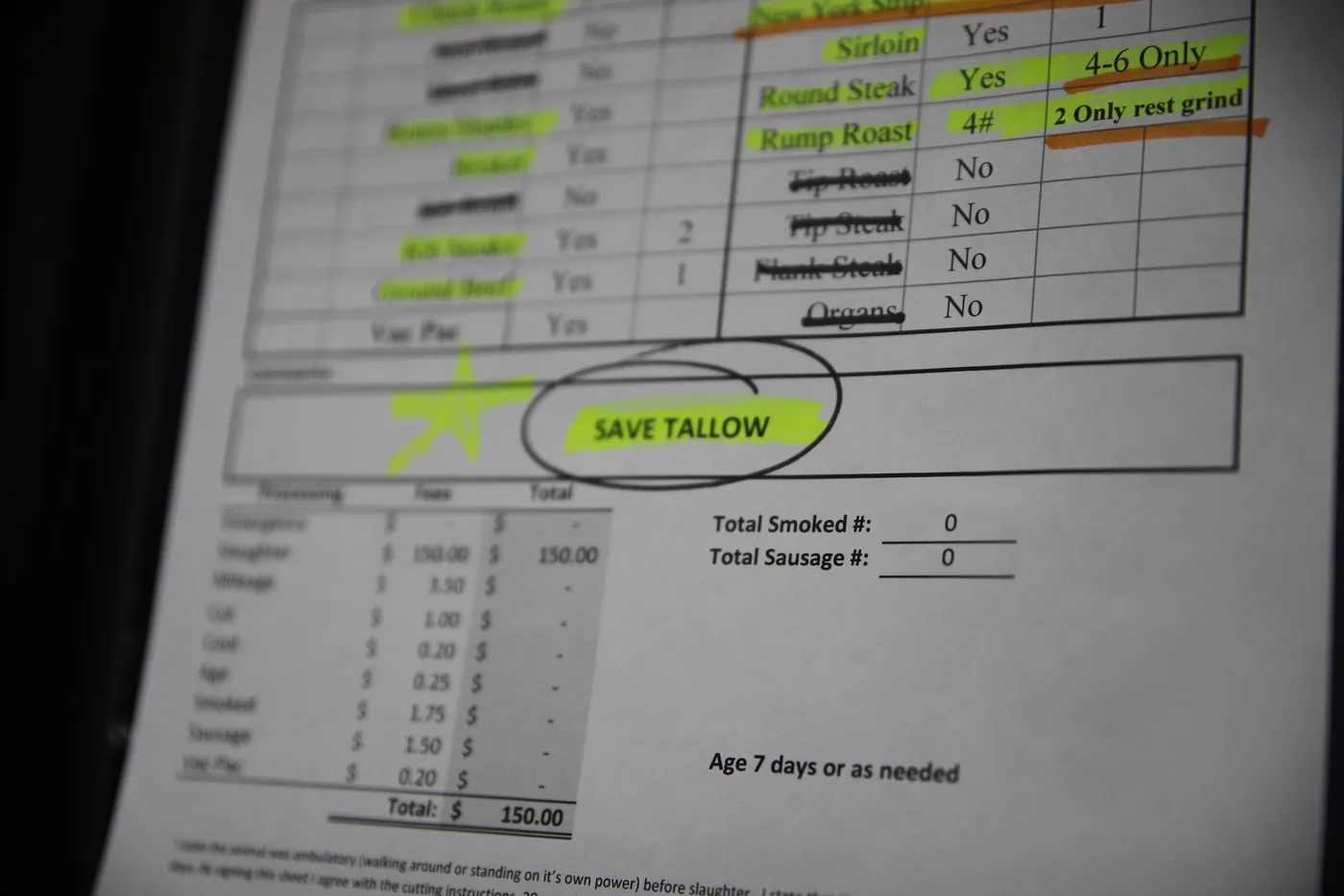 A completed custom cutting instructions form at the shop