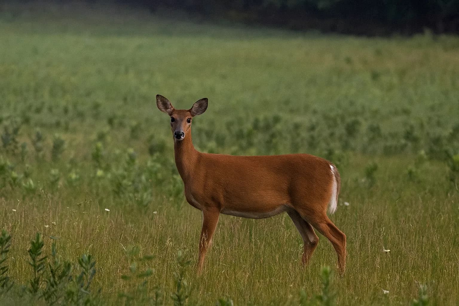 White-tailed deer standing in a grassy field